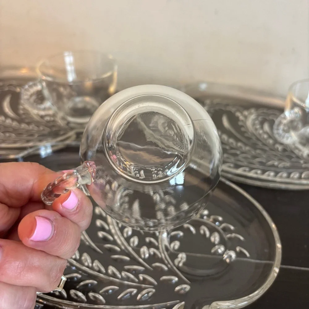 Vintage Federal Glass | Homestead | Snack‎ Set 3 Plates 3 Cups Pressed Glass MCM